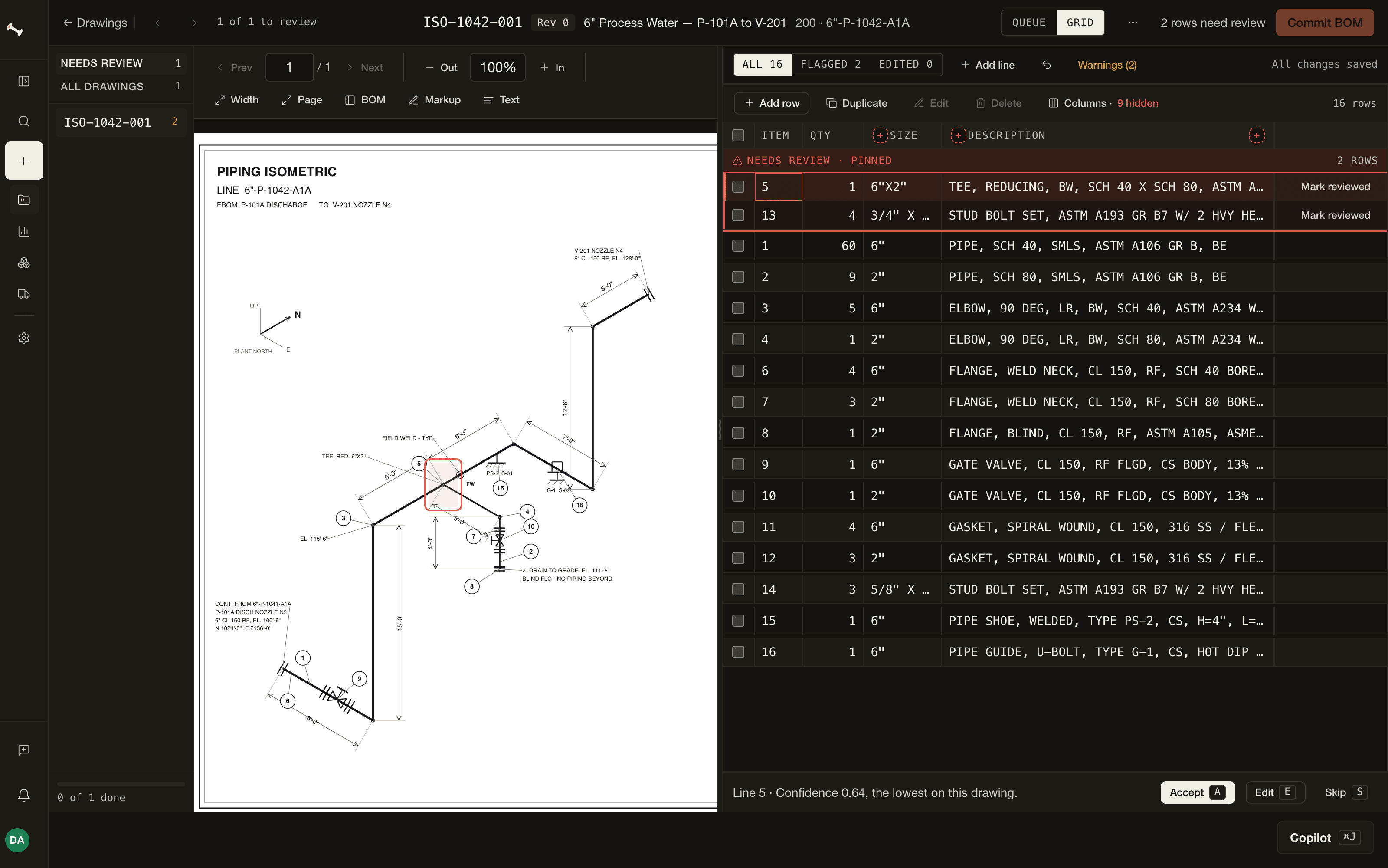 The review screen in dark mode: the iso on the left, the lines read from its BOM table on the right.